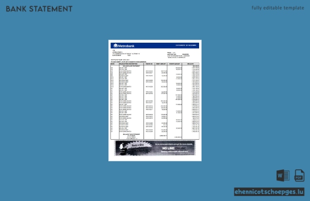 Beispiel eines Kontoauszugs der Metrobank (Großbritannien) im Excel-Format (Vorschau)